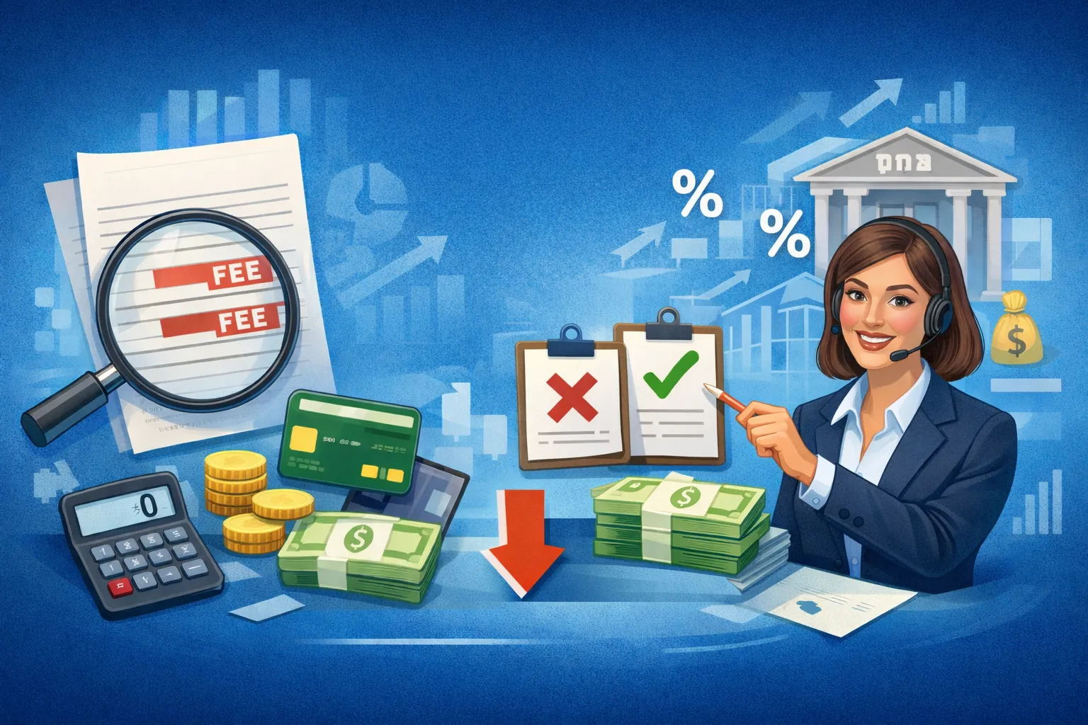 אילוסטרציה מקצועית של עמלות בנקאיות שניתן לבטל, ניתוח חשבון בנק וחיסכון כספי באמצעות ייעוץ פיננסי