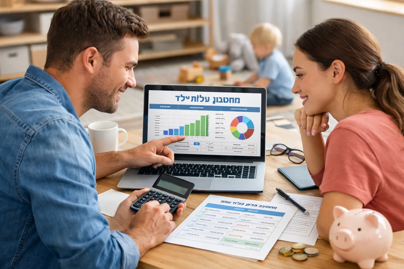 זוג הורים צעירים משתמשים במחשבון עלות ילד במחשב נייד לתכנון תקציב משפחתי וחיסכון עתידי לילדים
